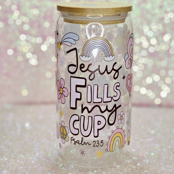 ☕"Jesus Fill My Cup" Inspirational/Religious 16oz Glass Cup☕BUNDLE & SAVE - Picture 1 of 7